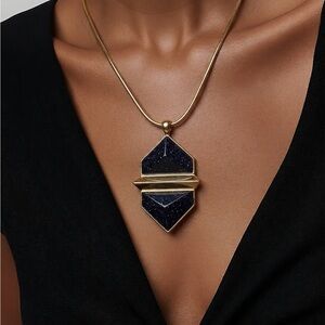 Vince Camuto Gold Pendant Necklace Geometric Blue/Black Stone Statement 15”